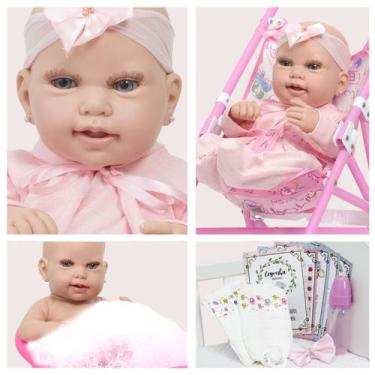 Imagem de Bebe Reborn 100% Silicone Acessórios Carrinho Rosa Linda - Cegonha Reb