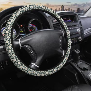 Imagem de SISROW Capas de volante margarida branca verão floral folhas de abelha pétala de flor capas de volante 38 cm acessórios de carro capa de volante elástica elástica para caminhões automóveis SUvs