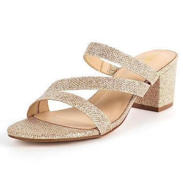 Imagem de GUIHTAO Sandálias femininas de salto baixo e grosso, dourado, nude, preto, prata, salto alto, sem cadarço, bico aberto, vestido de salto alto, Glitter dourado, 36