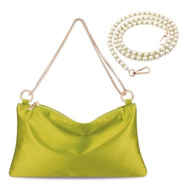 Imagem de Prpeko Bolsa feminina de cetim para noite, bolsa clutch para mulheres, bolsa de ombro de casamento com 2 correntes para coquetéis formais, Verde (cetim)