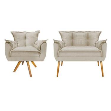 Imagem de Kit Namoradeira e Poltrona Opala Base Giratória de Madeira Suede Bege 