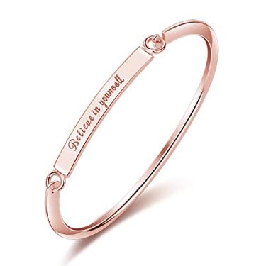 Imagem de Rockyu Pulseira feminina ouro rosa titânio letras gravadas coração pulseira casamento ano novo presente popular aço inoxidável, Aço inoxidável