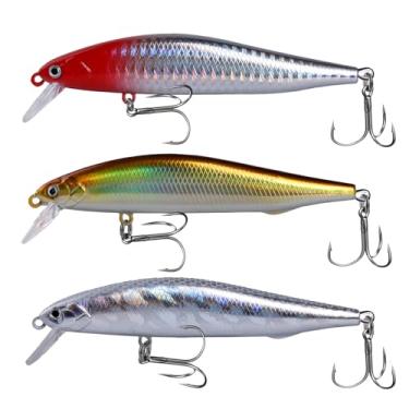 Imagem de Isca de pesca, kit de 3 peças de isca de natação com corpo de plástico e design de afundamento lento, kit de iscas de pesca de robalo com caixa de equipamento, iscas de mergulho profundo para água