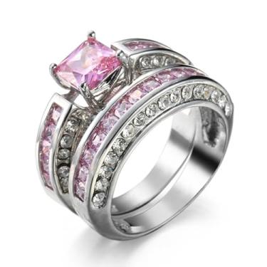 Imagem de Narica Anel feminino banhado a prata com corte princesa criado topázio rosa zircônia cúbica pavê preenchido com pavê anel feminino 2 peças conjunto de halo para mãe amante nupcial nº 6