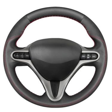 Imagem de MEWANT Capa de volante de carro feita à mão em couro genuíno preto e camurça sintética para Honda Civic 8 Civic 2006 2007 2008 2009 2010 2011 (3 raios)