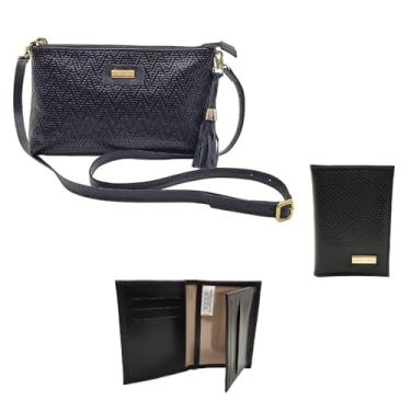Imagem de Kit Bolsa Feminina Transversal Couro Porta Documentos Couro Premium (Preto Palha)