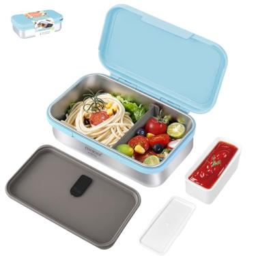 Imagem de Finorder Caixa Bento Adulto Azul Céu de Aço Inoxidável 935 g Elegante Caixa Bento Adulto com Divisor Removível Suporte de Salada Seguro para Microondas para Trabalho, Ginásio, Piquenique