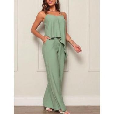 Imagem de CONJUNTO FEMININO CALÇA SOCIAL FLARE E BLUSA TRANSVERSAL COM BABABDO REGATA ALCINHA ALFAITARIA-Feminino