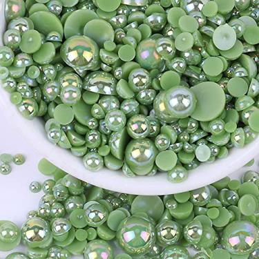 Imagem de Pérolas de fundo plano para artesanato, 50 g verde escuro cor AB meia pérola para artesanato, tamanho misto 3/4/5/6/8/10 mm pérolas meia redondas planas para artesanato copos de sapatos, copos de roupas, projetos arte de rosto de unhas
