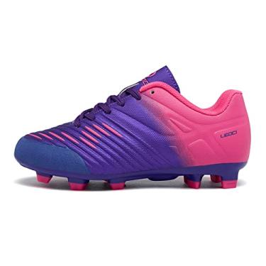 Imagem de LEOCI Chuteiras de futebol para meninos chuteiras de futebol rosa respiráveis atléticas infantis pretas para uso ao ar livre, sapatos de futebol internos para meninas AG/FG, Roxo/vermelho rosa, 17