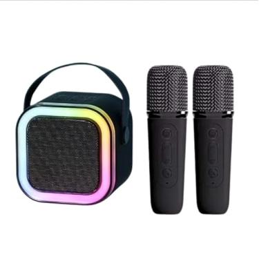 Imagem de Caixa de Som Bluetooth Karaokê Portátil com LED, 6W, 2 Microfones, Bateria 1200mAh (Preto)