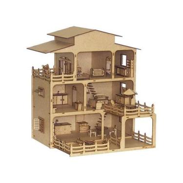 Imagem de Kit Casinha De Bonecas Mansão + Moveis Woodplan MDF W4001