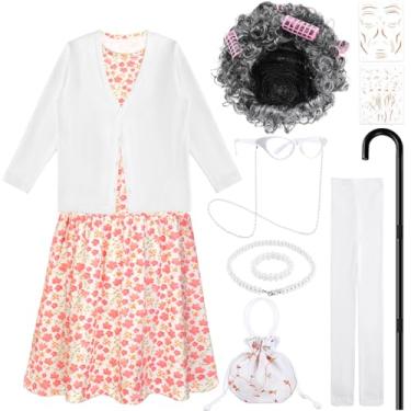Imagem de JcHrmers Old Lady Costume for School Day 100th Day of School Costume with Grandma Cardigan Sweater Floral Skirt Granny Wig Glasses Set (White Sweater, 8-10Years)