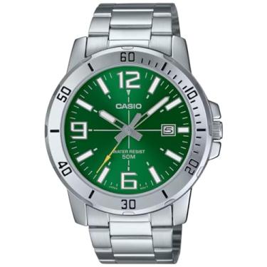 Imagem de Casio MTP-VD01D-3BV Relógio masculino Enticer de aço inoxidável, mostrador verde, casual, analógico, esportivo, Verde, Clássico