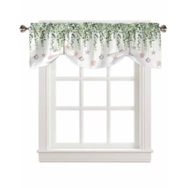 Imagem de Cortinas de amarrar folhas de eucalipto para janelas, praia costeira concha verde sálvia folha verde haste bolso cortina de amarrar sanefa, tratamento de janela curta ajustável para cozinha, sala de