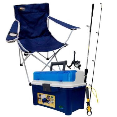 Imagem de Kit de Pesca com Vara 1.5m + Molinete + Maleta Organizadora Azul + Alicate com Balança + Cadeira Azul com Suporte Lata