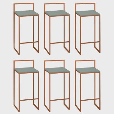 Imagem de Kit 06 Banquetas Alta Com Encosto Lino Industrial Balcão Bistrô Ferro Bronze mdf Madeira Verde Oliva - Ahz Móveis