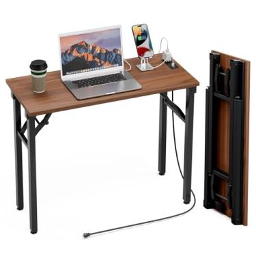Imagem de TEMI Mesa dobrável pequena para computador – sem montagem, mesa dobrável compacta de 91 cm com tomadas de energia e porta de carregamento USB, mesa de escritório pequena portátil, mini mesa de estudo