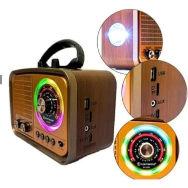 Imagem de Rádio Retrô Portátil, Bluetooth, AM/FM, USB, MP3, LED Colorido, Design Vintage em Madeira