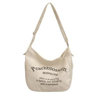 Imagem de Bolsa Feminina Transversal Moda Coreana Teen Academia Personalizavel Lona Bolsa de Ombro de Lona com Padrão de Letra de Moda Simples, Bolsa de Ombro para Escola (Off White)