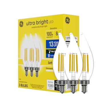 Imagem de Lâmpadas LED ultra brilhantes, 100W, velas brancas macias, lâmpadas CA12 decorativas transparentes, base candelabara (pacote com 3)
