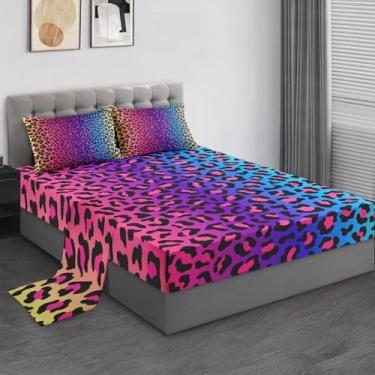 Imagem de Pamnest Jogo de lençol casal, 4 peças de microfibra macia de leopardo neon colorido para decoração de quarto de crianças e adultos, lençol com elástico e 2 fronhas