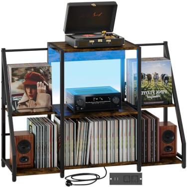 Imagem de HavenlyYouth Suporte para toca-discos, suporte para discos de vinil de até 300 álbuns, mesa grande para tocadores com tomada elétrica e luz LED, rack de armazenamento vintage para revistas, livros