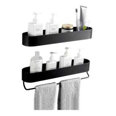 Imagem de Suporte para Chuveiro Pacote com 2 unidades de organizadores de chuveiro adesivos com barra de toalha para banheiro e cozinha, prateleiras de chuveiro modernas de alumínio com bordas redondas, pretas