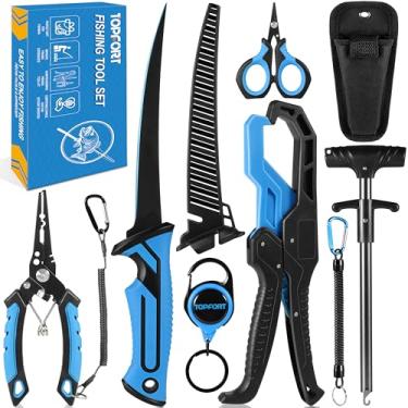 Imagem de TOPFORT Kit de ferramentas de pesca - Conjunto de acessórios de alicate de pesca de água salgada de 7 peças - Equipamento de pesca com faca de peixe, tesouras, ferramentas de remoção de gancho