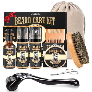 Imagem de Conjunto de cuidados de barba para homens com óleo de barba, condicionador, bálsamo, lavagem de xampu, rolo de 0,25 mm, escova de barba, pente de barba, tesoura, bolsa de viagem