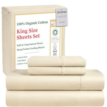 Imagem de Conjunto de lençóis King Size 100% algodão orgânico - Lençol King com bolso profundo de 300 fios de cetim luxuoso de 300 fios para até 43 cm, certificado GOTS, naturalmente, fresco, macio, respirável