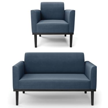 Imagem de Sofá Namoradeira E 1 Poltrona Base Madeira Preto Maressa Suede Azul Marinho - Ibiza