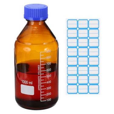 Imagem de PATIKIL Garrafas redondas de armazenamento de mídia, garrafas redondas graduadas de vidro espesso de 1000 ml com tampa de rosca azul GL45 para líquidos reagentes de água de laboratório, marrom