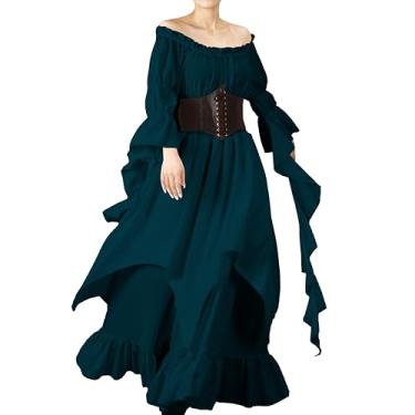 Imagem de nezababycos Vestido feminino vitoriano renascentista, fantasia gótica medieval, vestido de quimise de pirata de bruxa, manga comprida, vestido de casamento (azul, grande)