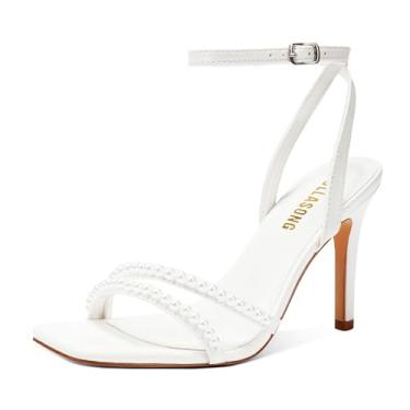 Imagem de LULLASONG Sandálias femininas de salto alto com tira no tornozelo com tiras de salto alto de 8,5 cm e bico aberto para mulheres, Pérola branca, 35