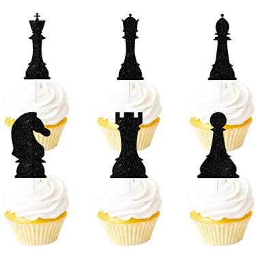 Imagem de 18pcs Black Glitter International Chess Silhouettes Dessert Cupcake Topper Baby Shower Board Game Theme Decor Supplies Boys Girls Happy Birthday Decorations