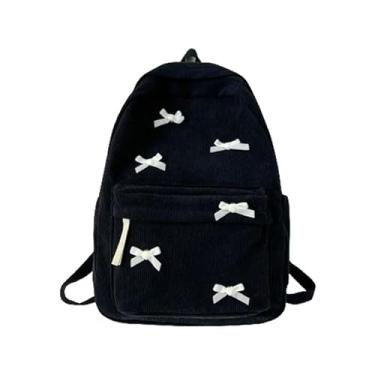 Imagem de KAOBIO Mochila feminina Preppy Y2k Estética de veludo cotelê Kawaii Mochila para laptop Cute Coquette Bow Harajuku College Daypack, Laço preto, Moderna, minimalista, compacta