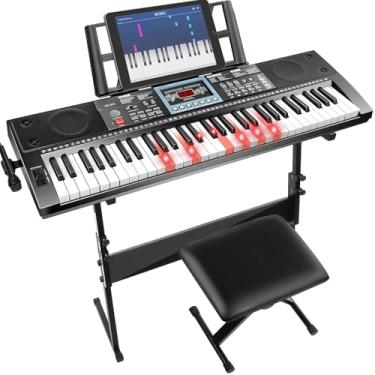 Imagem de VEIYOUMO Teclado De Piano 61 Teclas Para Iniciantes Com Banco Apoio, Iluminadas No Modo Follow, 70 Demos, 200 Tons/Ritmos, Curva Afinação, Metrônomo, Sustain, Sincronização, Acorde, Tecla Dupla, Bat