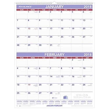 Imagem de AT-A-GLANCE Calendário de parede de dois meses, janeiro de 2018 a dezembro de 2018, 56 x 73 cm, branco (PM928)