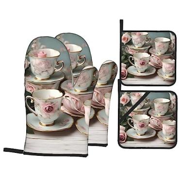 Imagem de Xícaras de chá com rosas luvas de forno românticas e suportes de panela, conjunto de 4 peças, luva de forno de cozinha, resistente ao calor, para cozinhar churrasco