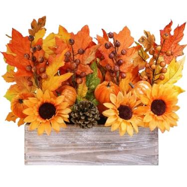 Imagem de Winlyn 1 arranjo floral de outono de fazenda em caixa de madeira retangular artificial outono abóbora girassol baga folha de bordo hastes florais 28,7 cm para decoração de mesa rústica de ação de
