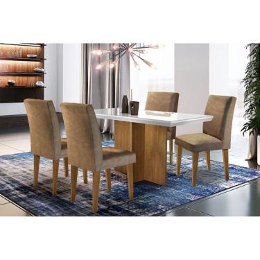Imagem de Sala de Jantar Completa Berlim Tampo Madeirado c/ Vidro Canto Reto 120x80cm e 4 Cadeiras Grécia Imbuia/Suede Capuccino - Rufato