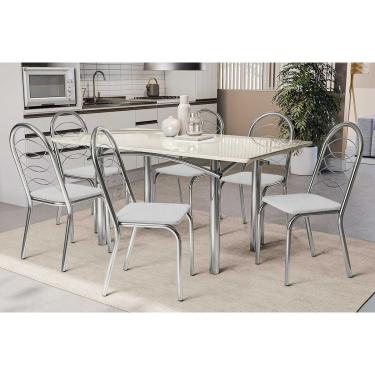 Imagem de Conjunto: Mesa de Cozinha Elba Tampo Madeirado c/ Vidro 160cm e 6 Cadeiras Holanda Cromada/Off White - Courano Branco - Kappesberg