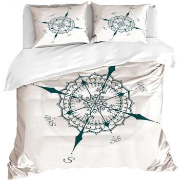 Imagem de VBTGVE Conjunto de edredons de bússola, desenho à mão, arranjo floral, bússola, estampa temática de barco (completo, 203 x 228 cm, 3 peças) creme verde escuro