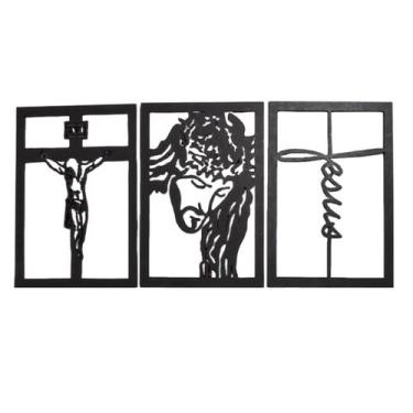 Imagem de Kit 3 Quadros Religiosos Vazado Jesus Cristo Mdf 3mm Preto - EEMobile