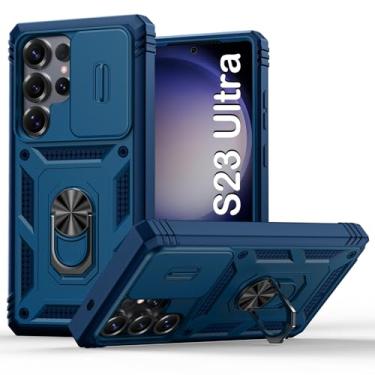Imagem de PASNEW [2023 Novo] Compatível com Samsung Galaxy S23 Ultra Capa Resistente à Prova de Choque Lente Deslizante Integrada Anel Rotativo 360° Suporte Azul