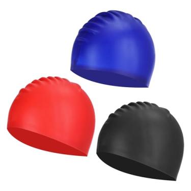Imagem de YELARXI Touca de natação de silicone à prova d'água, confortável, antiderrapante, adequada para mulheres e homens, cabelos longos e curtos (3 peças, preto/vermelho/azul escuro)