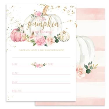 Imagem de Whaline Convites para chá de bebê de outono 25 conjuntos de convites de abóbora floral de outono com envelopes adesivos para revelação de gênero de aniversário, 12 x 18 cm