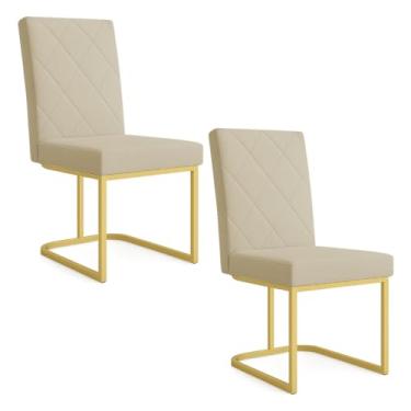 Imagem de Kit 02 Cadeiras de Jantar Estofada Siena Linho Dourado Base de Ferro Dourada - Pallazio