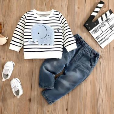 Imagem de Conjunto de Roupas de Bebê - Jeans Listrado com Elefante - Primavera/O